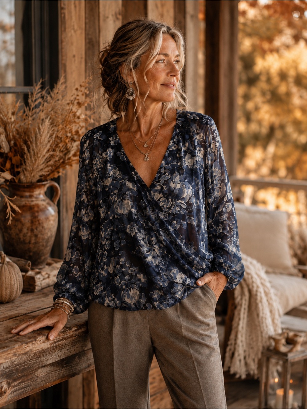 Johnny Was 4 Love & Liberty Sheer Navy Blue Floral Silk Crossover Wrap Blouse S